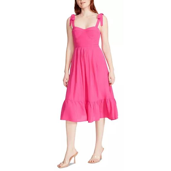 Steve Madden size 2 Midi Dress Sophia Rose Hot Pink Tie Shoulder Sundress New - Picture 1 of 7